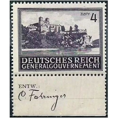 Pologne, Occupation Allemande, Gouvernement General 1943, Trs Beau Timbre Neuf** Luxe Yvert 116, Monastre De Tyniec 4gr Violet Gris, Bord De Feuille Avec Vignette Et Signature Du Graveur.