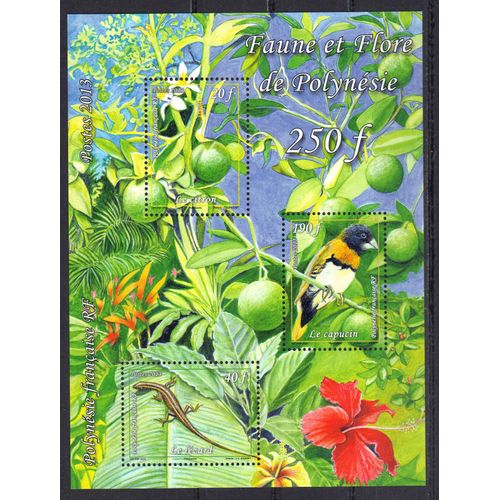 Polynesie 2013 : Faune Et Flore De Polynsie : Oiseau : Le Capucin / Reptile : Le Lzard / Fruit : Le Citron - Feuillet  250 F. De 3 Timbres Neufs ** 