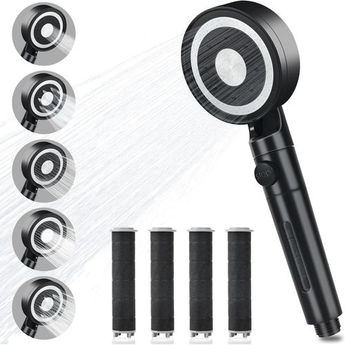 Pommeau De Douche Filtrant-Avec 3+1 Filtres En Coton Pp Remplaable-Douchette Douche Salle De Bain Haute Pression Avec 5 Modes Et Arret-Pommeau Douche Noir Anti Calcaire Economie Deau Sans Tu.[T68]