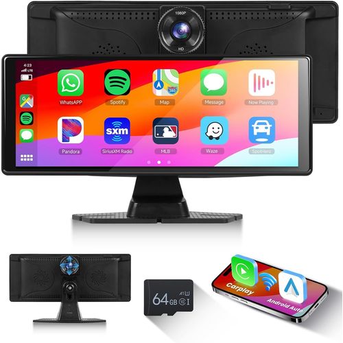 Portable Car Radio Dashcam Wireless Carplay Android Auto,Touch Screen IPS 10.26 Inch Display Carplay Monitor Recording,Bluetooth,Mirrorlink,FM Radio AUX Transmitter+64GB TF