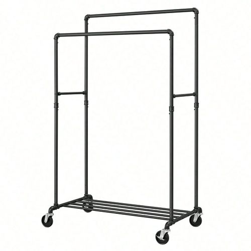 Portant  Vtements  Roulettes, Porte-Manteaux, Penderie, Charge 110 Kg, Avec Double Tringle Et tagre De Rangement, Style Industriel, Noir