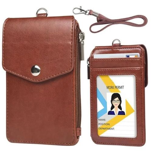 Porte Badge,tiquette De Nom En Cuir,Porte Badge Tour De Cou Vertical,Porte-Carte D\'identit De Travail Avec Poche Zippe Et Lanire