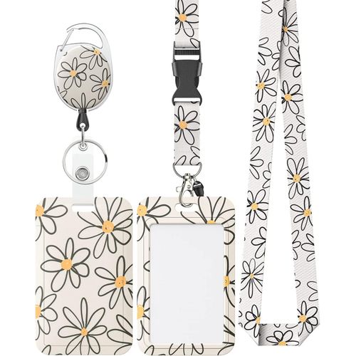 Porte Badge Tour De Cou Coulissant Floral tui En Plastique De Fleur Blanche Avec Clip De Mousqueton De Bobine De Badge Rtractable Et Sangle De Longe Dtachable Porte Carte Verticale Dure