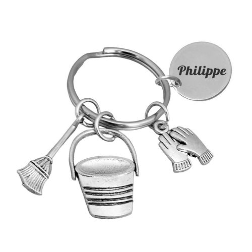 Porte-Cls Agent D'entretien De Nettoyage Technicien De Surface Seau Balai Gant Argent Gravure Personnalise Sur Mdaille