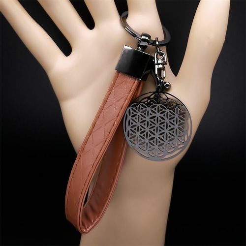 Porte-Cls Pendentif Fleur De Vie En Acier Inoxydable Pour Hommes Et Femmes, Porte-Cls En Cuir Pu, Document Noir, Gomtrie Sacre, Bijoux