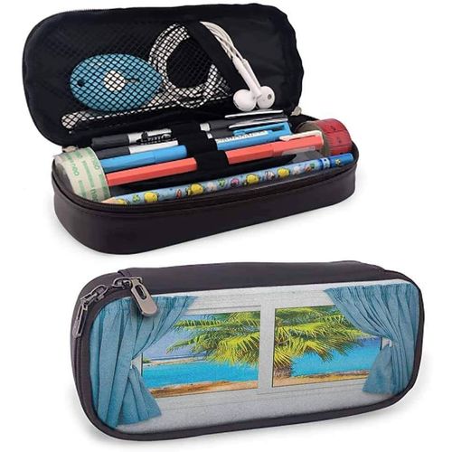 Porte-Crayons De Plage tui En Cuir Pour Papeterie Vue Depuis La Fentre Avec Un Rideau Plage Tropicale Rayons Du Soleil Horizon Palm Ocan Impression Pochette De Taille Parfaite