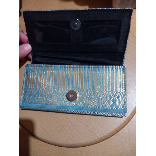 Porte Monnaie 8 Poches En Tissu Bleu Imprim Dor, Bandes Horizontales Gris/Bleu, Fantaisie Relief Cousu Vers Le Bas  L'avant, Intrieur Noir, 6 Grandes Poches Dont 2 Zippes, 2 Pochette Fentres.