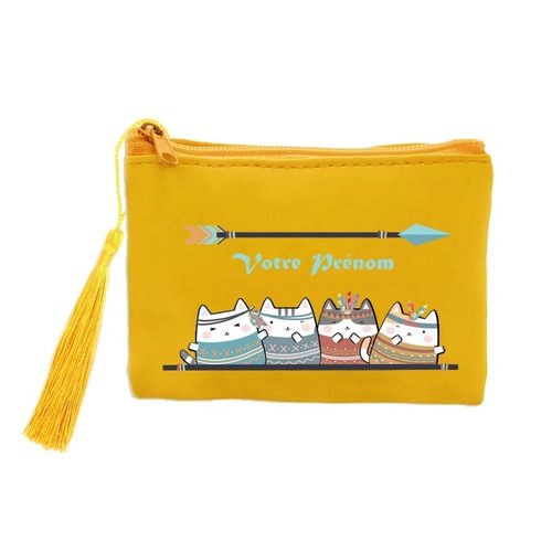 Porte Monnaie Et Cles Jaune Avec Motif Chat Boho Plume Personnalisable