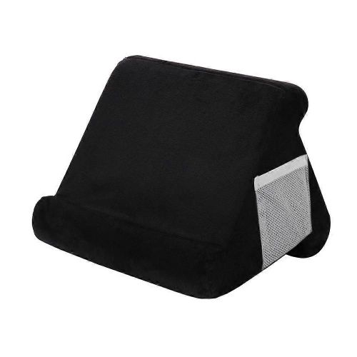 Porte-oreiller moelleux pour tablette avec sac de rangement en maille Porte-oreiller de lit souple multi-angle Support de tour pour tablette Lecteur de livre magazine, (noir)