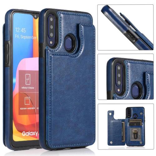 Portefeuille tui Pour Samsung Galaxy A20s Cuir Pu Avec Titulaire De La Carte Fermoir Magntique Double Fentes Pour Cartes Bicelle - Bleu