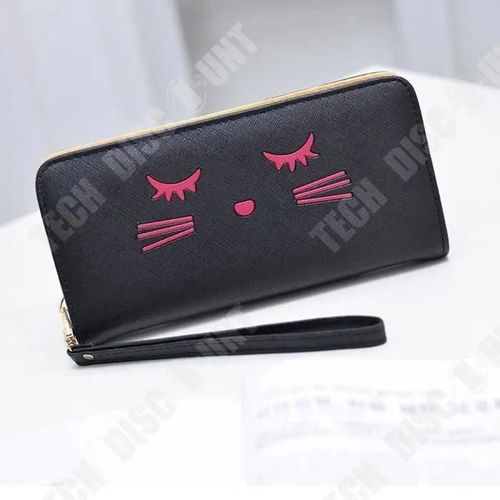 Portefeuille Long En Cuir Pu Noir Avec Un Dessin Abstrait D'un Visage De Chat Avec Une Anse Porte-Monnaie Porte-Cartes Pochettes