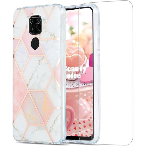 Poseedor-V Coque Pour Redmi Note 9 [Avec Verre Tremp], Placage Conception Marbre Gomtrique Soft Tpu Imd Caoutchouc Silicone Protection Coque (Marbre 1)V6455