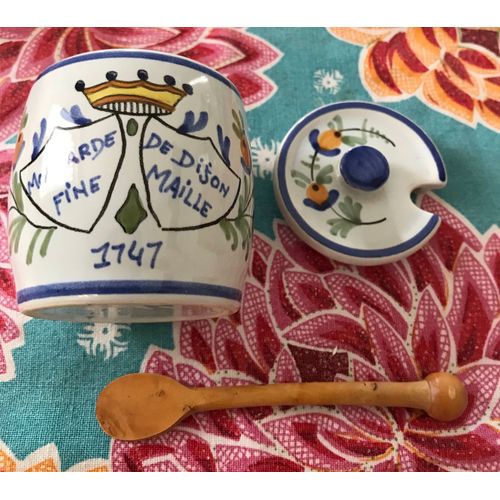 Pot  Moutarde En Faience Blanche Peinte  La Main Moutarde Fine De Dijon Maille 1747 Avec Cuillre En Bois D'olivier