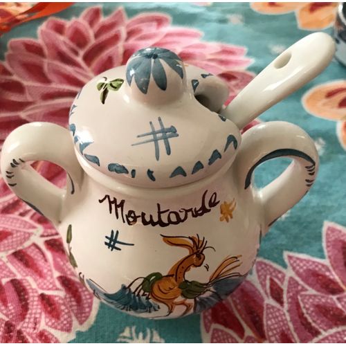 Pot  Moutarde En Faience De Moustiers Blanc Peint  La Main Et Sign Avec Sa Cuillre En Faience