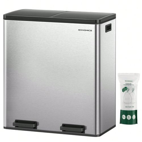 Poubelle  Double Compartiment 2 X 30 L, Avec 15 Sacs Poubelles, Pdales En Mtal, 2 Seaux Intrieurs En Plastique, Couvercles, Poignes, Fermeture En Douceur, Argent Et Noir Ltbfr060e01