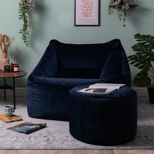 Pouf Fauteuil Avec Repose-Pied Rond Velours Bleu Minuit