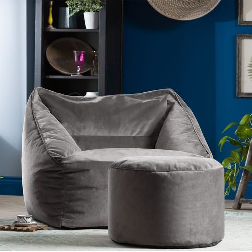 Pouf Fauteuil Avec Repose-Pied Rond Velours Gris Anthracite