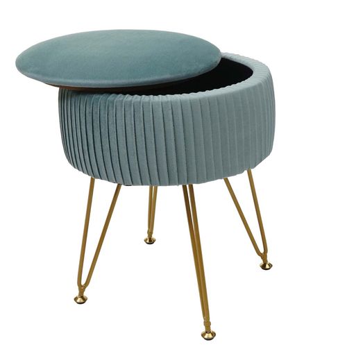 Pouf Hwc-K47, Tabouret Avec Compartiment De Rangement,  33cm, Aspect Velours   Vert, Pitement Or