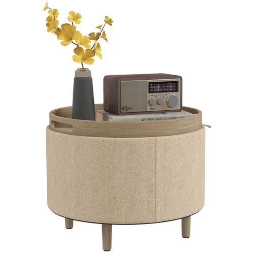 Pouf Repose-Pied Tabouret Avec Coffre De Rangement - Plateau Rversible - Pieds Bois Tissu Aspect Lin Beige