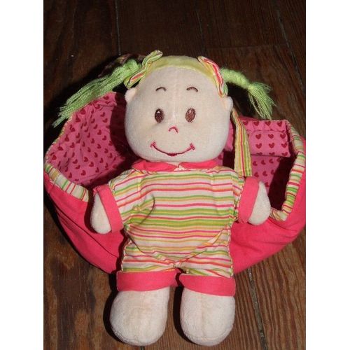 Poupee Doudou Lilliputiens Et Son Couffin Peluche Qui Rit Tissu Chiffon Ray Rose Vert Jaune Grelot 22 Cms