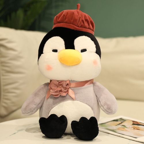 Poupe pingouin grasse, peluche pingouin peintre en coton doux, oreiller de couchage doux, poupe pour enfants Chapeau rouge - 30 cm (0,16 kg)