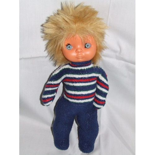 Poupee Tissu Chiffon Ancien Vintage Boulgom Bleu Raye Blanc Rouge Vert Peluche 32 Cms