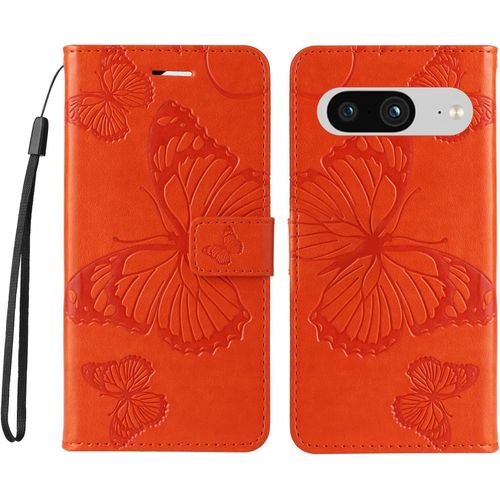 Pour Google Pixel 8 Coque, Etui Protection Housse Premium En Cuir Pu, Flip Housse Case Avec Fonction Portefeuille Et Support - Motif Papillon Orange