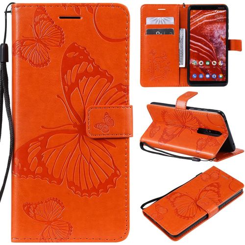Pour Nokia 3.1 Plus Coque, Flip tui Housse Case- Conception Avec Fonction Portefeuille Et Support - Motif Papillon Orange