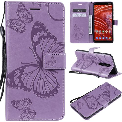 Pour Nokia 3.1 Plus Coque, Flip tui Housse Case- Conception Avec Fonction Portefeuille Et Support - Motif Papillon Violet