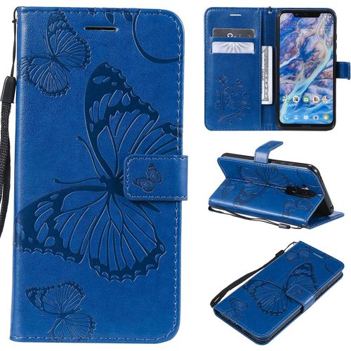 Pour Nokia 7.1 Plus / X7 / Nokia 8.1 Coque, Flip tui Housse Case- Conception Avec Fonction Portefeuille Et Support - Motif Papillon Bleu