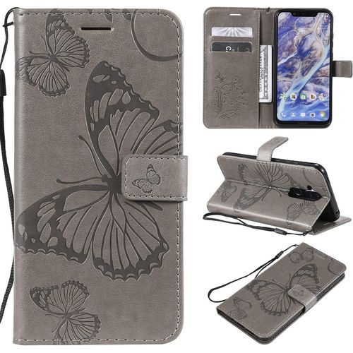 Pour Nokia 7.1 Plus / X7 / Nokia 8.1 Coque, Flip tui Housse Case- Conception Avec Fonction Portefeuille Et Support - Motif Papillon Gris