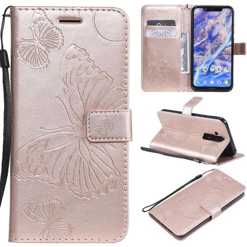 Pour Nokia 7.1 Plus / X7 / Nokia 8.1 Coque, Flip tui Housse Case- Conception Avec Fonction Portefeuille Et Support - Motif Papillon Or Rose