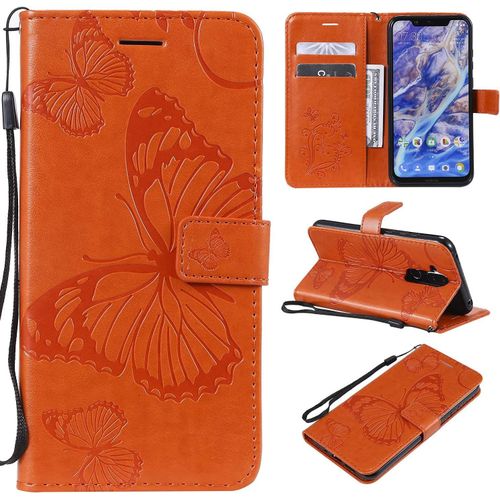 Pour Nokia 7.1 Plus / X7 / Nokia 8.1 Coque, Flip tui Housse Case- Conception Avec Fonction Portefeuille Et Support - Motif Papillon Orange