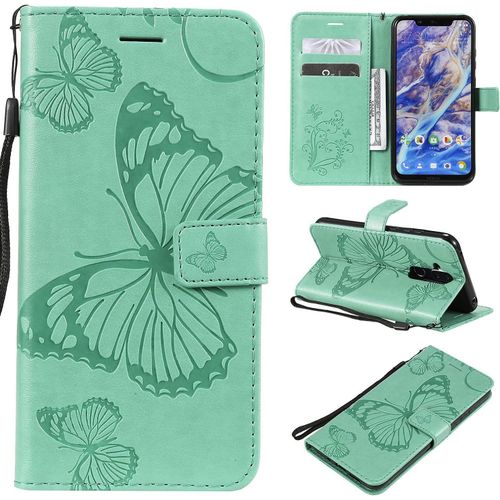 Pour Nokia 7.1 Plus / X7 / Nokia 8.1 Coque, Flip tui Housse Case- Conception Avec Fonction Portefeuille Et Support - Motif Papillon Vert