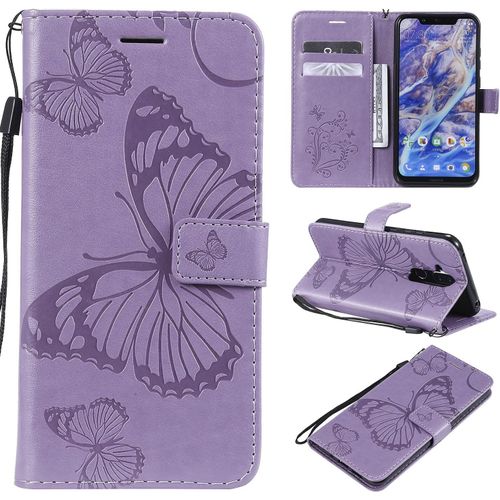Pour Nokia 7.1 Plus / X7 / Nokia 8.1 Coque, Flip tui Housse Case- Conception Avec Fonction Portefeuille Et Support - Motif Papillon Violet