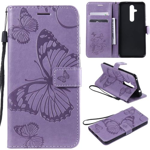 Pour Nokia 8.1 Plus / X71 Coque, Flip tui Housse Case- Conception Avec Fonction Portefeuille Et Support - Motif Papillon Violet