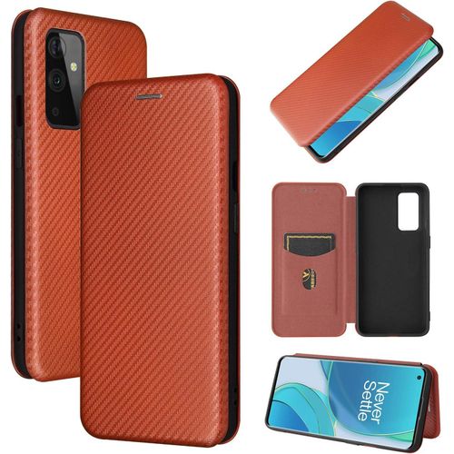 Pour Oneplus 9/9 Pro tui Portefeuille  Rabat En Fiber De Carbone tui Pour Tlphone Folio En Cuir Pu Housse De Protection Antichoc Avec Fente Pour Carte Pour Oneplus 9 Brun