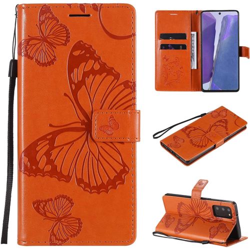 Pour Samsung Galaxy Note 20 5g Coque, Flip tui Housse Case- Conception Avec Fonction Portefeuille Et Support - Motif Papillon Orange