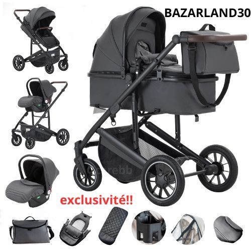 Poussette 3 En 1 Avec Sige Auto Portable Compacte Ressorts Absorbant Les Chocs Chssis En Alliage D'aluminium.Black Grey