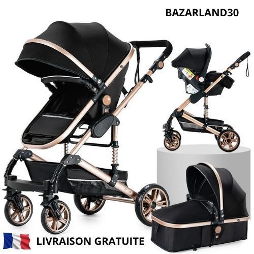 Poussette 3 En 1 Bb Combine Sige-Auto Nacelle Rversible Rglable - Roues Increvables Canne - Noir Et Or
