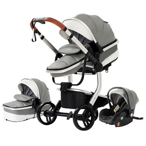 Poussette 3 En 1 Bb Combine Sige-Auto Nacelle Trio Rversible Cuir Pu Roues Increvables Canne Gris.
