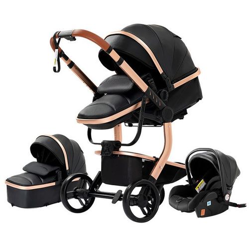 Poussette 3 En 1 Bb Combine Sige-Auto Nacelle Trio Rversible Cuir Pu Roues Increvables Canne Noir.