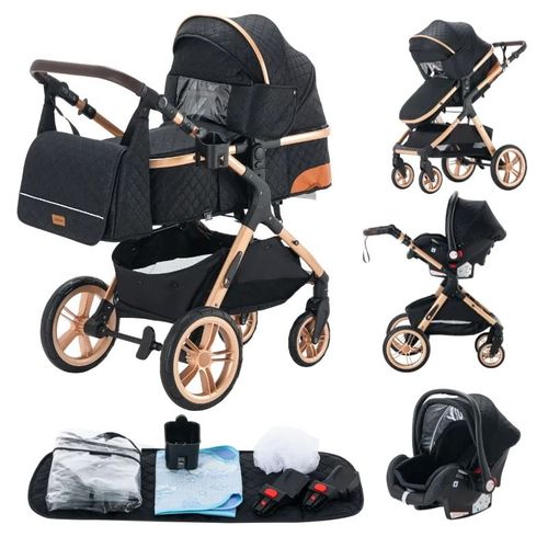 Poussette 3 En 1 Bb Combine Sige-Auto Nacelle Trio Rversible Rglable Haute Qualit Roues Increvables Canne - Noir