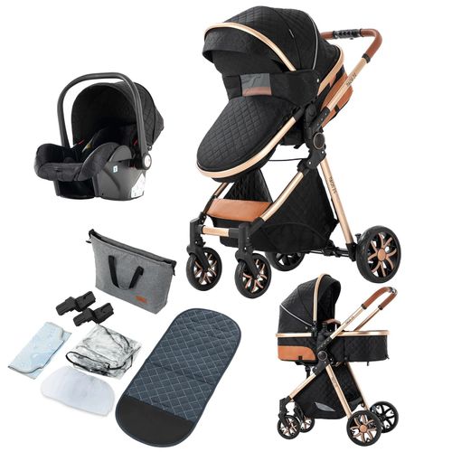 Poussette 3 En 1 Bb Combine Sige-Auto Nacelle Trio Rversible Rglable Haute Qualit Roues Increvables Canne Noir Et Or