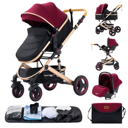Poussette 3 En 1 Bb Combine Sige-Auto Nacelle Trio Rversible Rglable Haute Qualit Roues Increvables Canne - Rouge