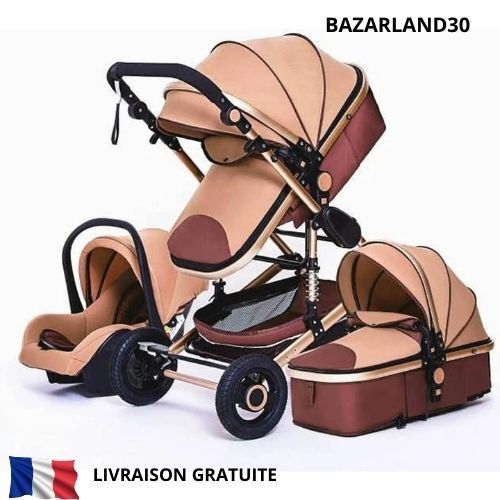 Poussette Bb Combine Trio Pack 3 En 1 Marron Chassis Haut A Absorption De Chocs Pliable Siege Auto Rversible Roues Increvables