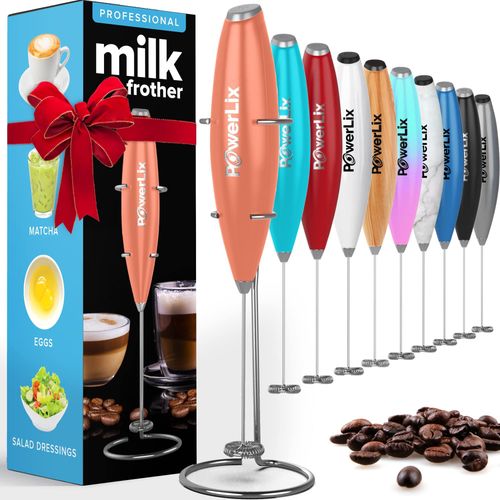 PowerLix Mousseur  Lait lectrique  Piles - Mousseur Lait avec support en acier inoxydable,15-20s,puissant 19 000 tr/min,mini mousseur  caf pour latte,cappuccino,chocolat chaud,noir mtallique