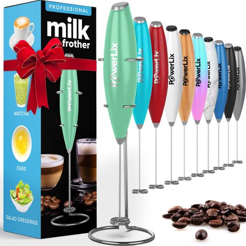 PowerLix Mousseur  Lait lectrique  Piles - Mousseur Lait avec support en acier inoxydable,15-20s,puissant 19 000 tr/min,mini mousseur  caf pour latte,cappuccino,chocolat chaud,noir mtallique