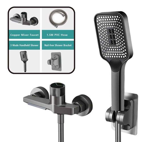 Pratique Noir Cascade Baignoire Robinet En Laiton Mur Mont Salle De Bains Douche Robinet Chaud Froid Rglage Complet Systme De Douche Ensemble Avec 3 Modes Pluie Sans Poinon Douche  - Type Grey