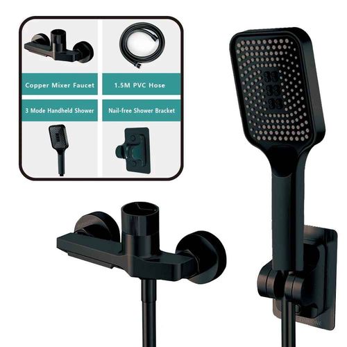Pratique Noir Cascade Baignoire Robinet En Laiton Mur Mont Salle De Bains Douche Robinet Chaud Froid Rglage Complet Systme De Douche Ensemble Avec 3 Modes Pluie Sans Poinon Douche - Type Black